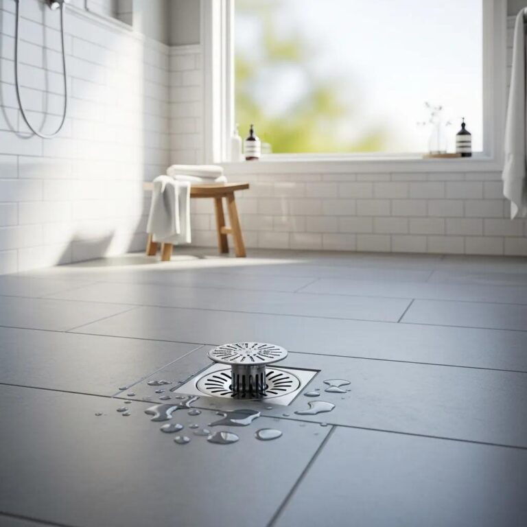 Modern bathroom with a stylish hair catcher in the shower drain, highlighting cleanliness and maintenance