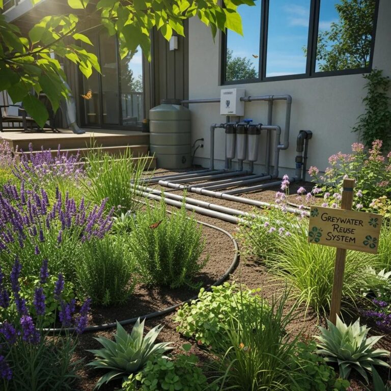 Modern greywater recycling system in a sustainable home garden