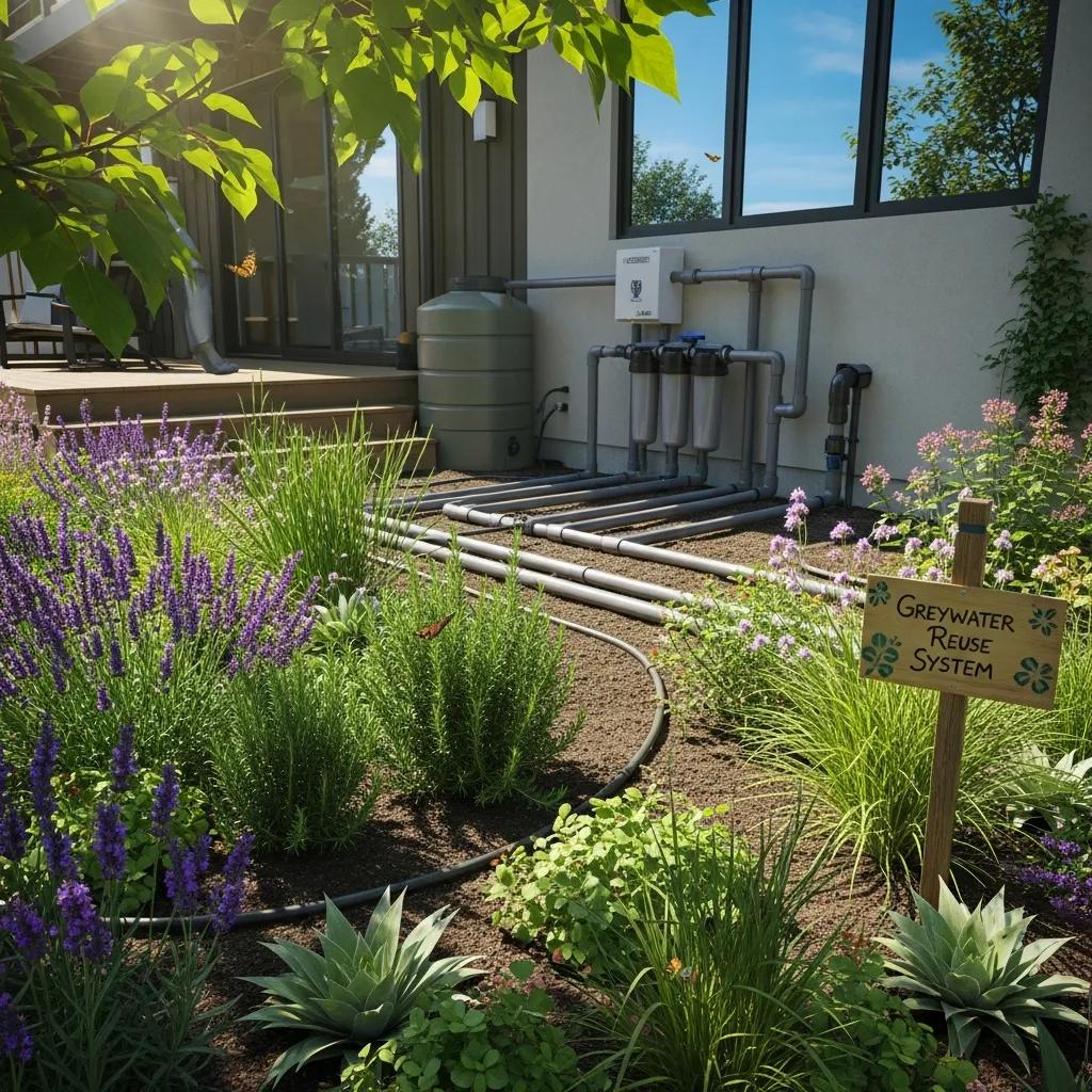 Modern greywater recycling system in a sustainable home garden