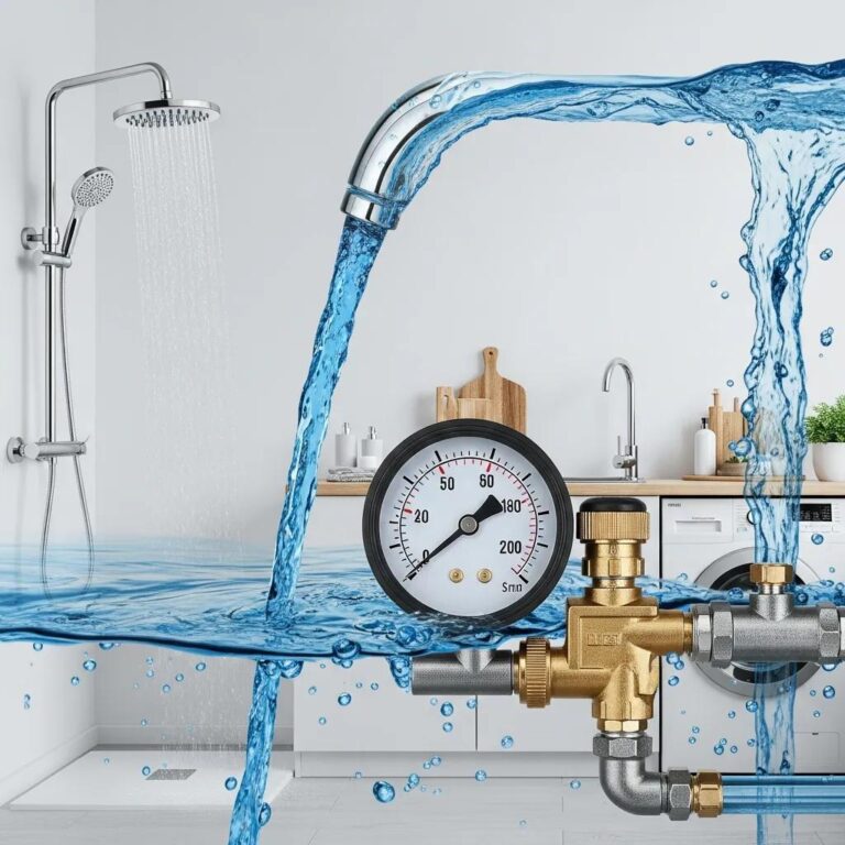 Modern home plumbing system with a focus on water pressure gauge and fixtures