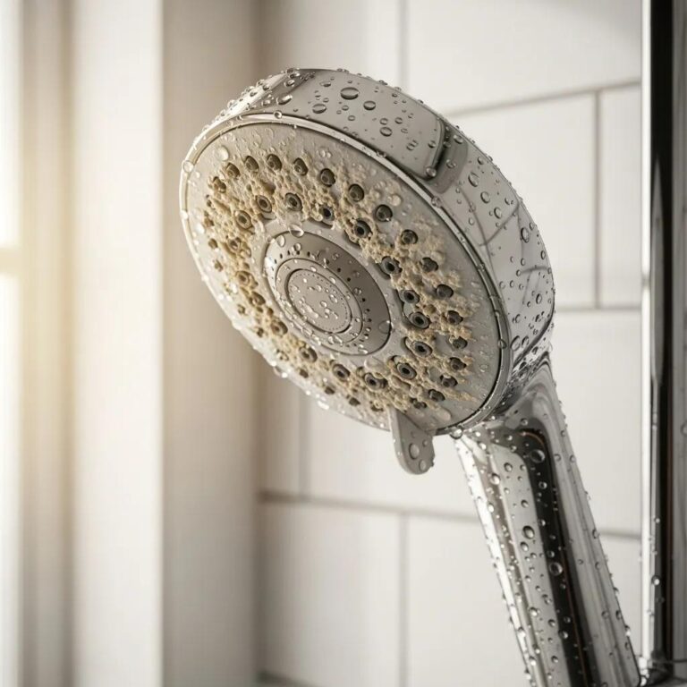 Modern showerhead with visible limescale buildup in a clean bathroom setting