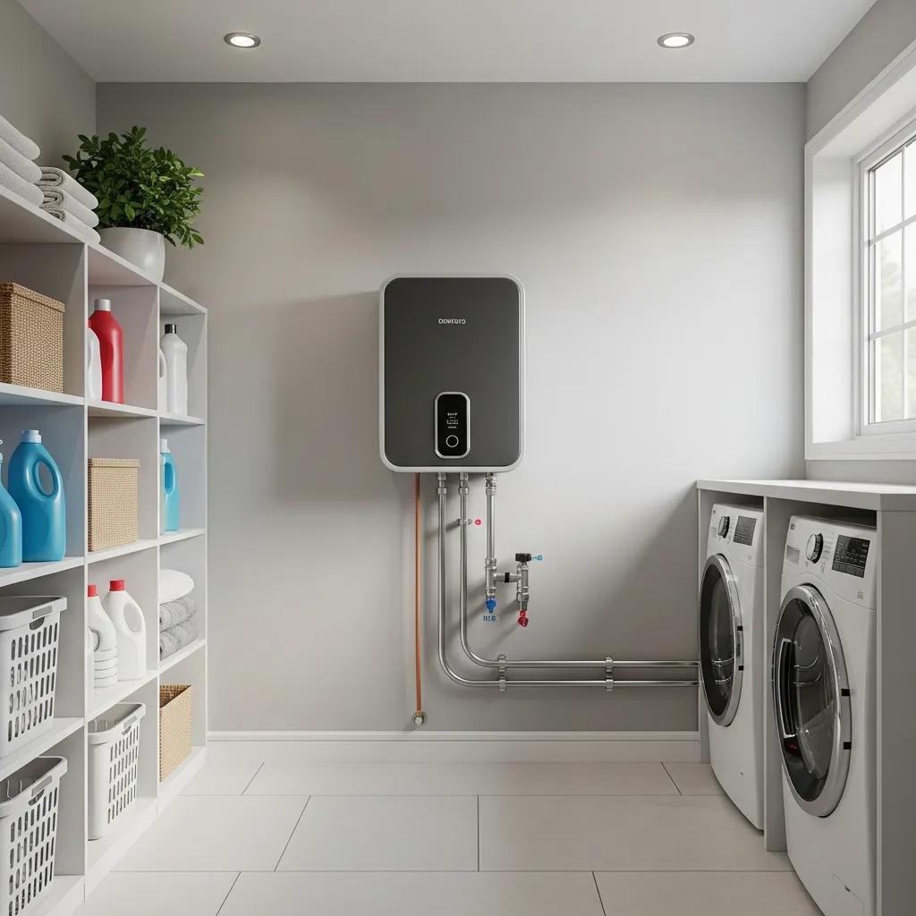 Modern tankless water heater installed in a stylish utility room with laundry appliances, showcasing space-saving design and efficient hot water solution for Roseville homes.