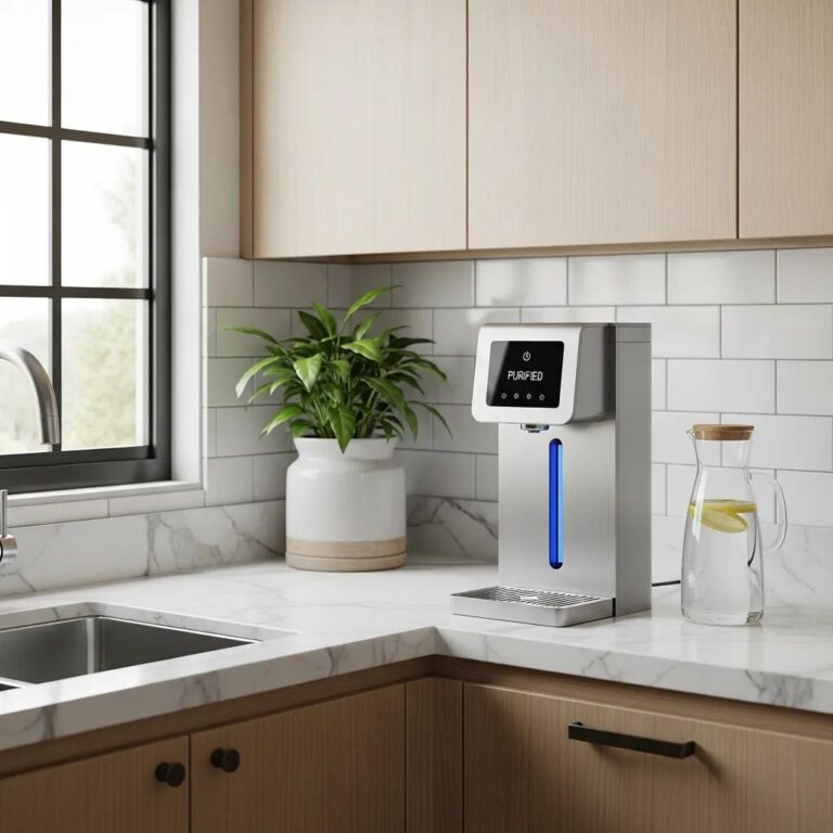 Modern UV water purifier system in a stylish kitchen, highlighting chemical-free water disinfection