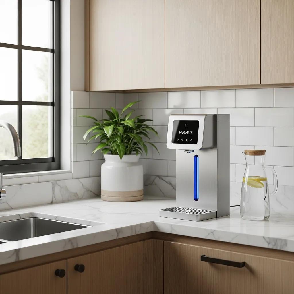 Modern UV water purifier system in a stylish kitchen, highlighting chemical-free water disinfection