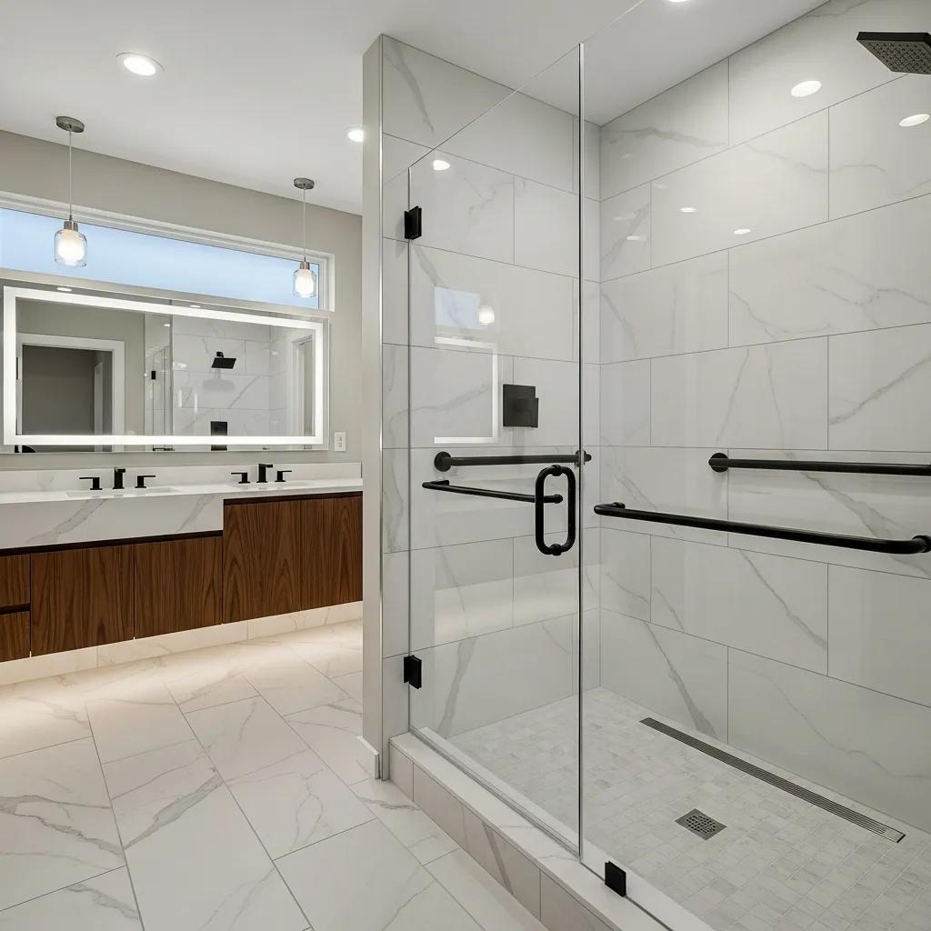 Modern walk-in shower showcasing accessibility features and contemporary design