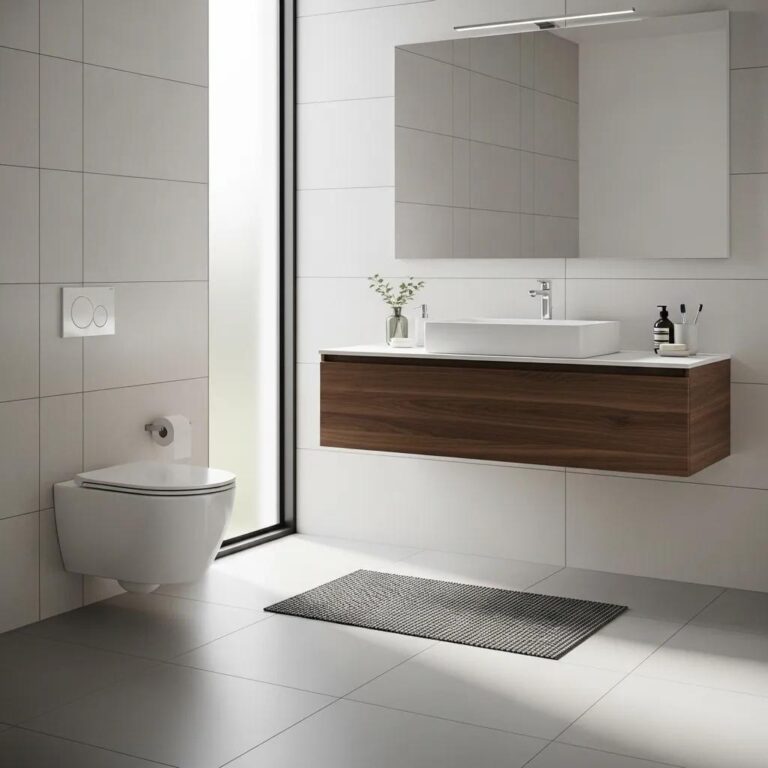 Modern wall-mounted toilet in a stylish bathroom with minimalist design elements