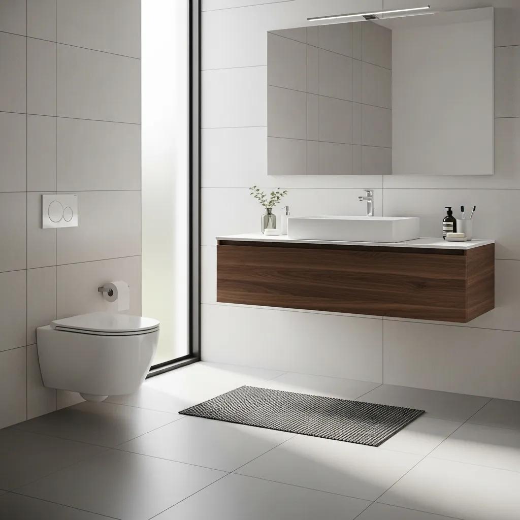 Modern wall-mounted toilet in a stylish bathroom with minimalist design elements