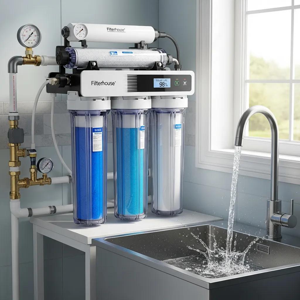 Modern whole-house water filtration system installed in a home, showcasing clean water flow