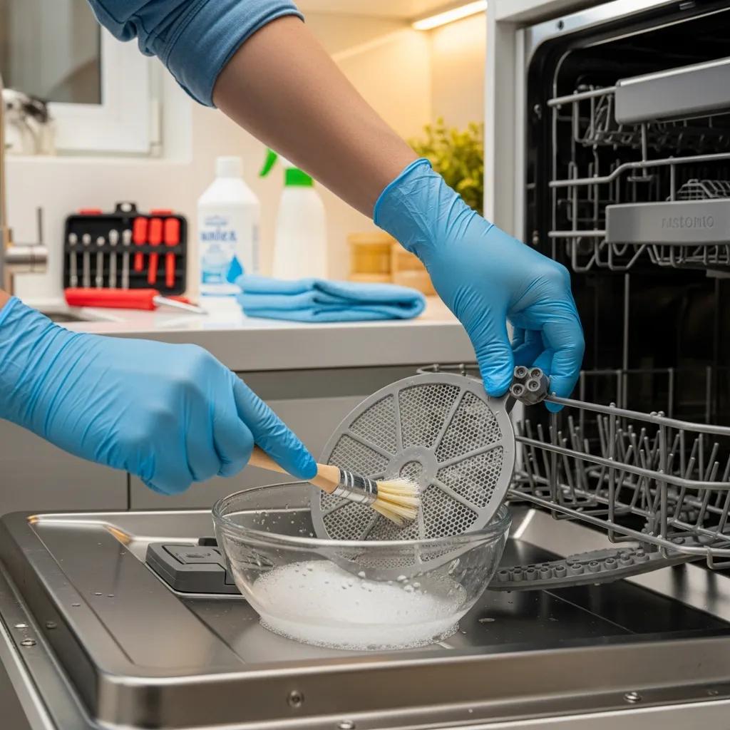Person wearing blue gloves cleaning a dishwasher filter with a brush over a bowl of soapy water, emphasizing routine maintenance for water efficiency.