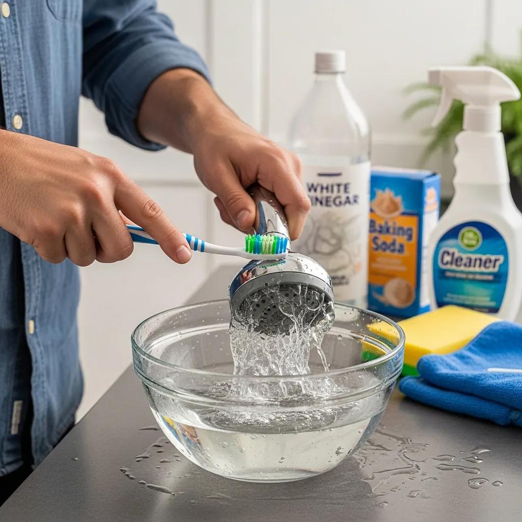 Person cleaning a showerhead soaking in vinegar and scrubbing gently with a brush