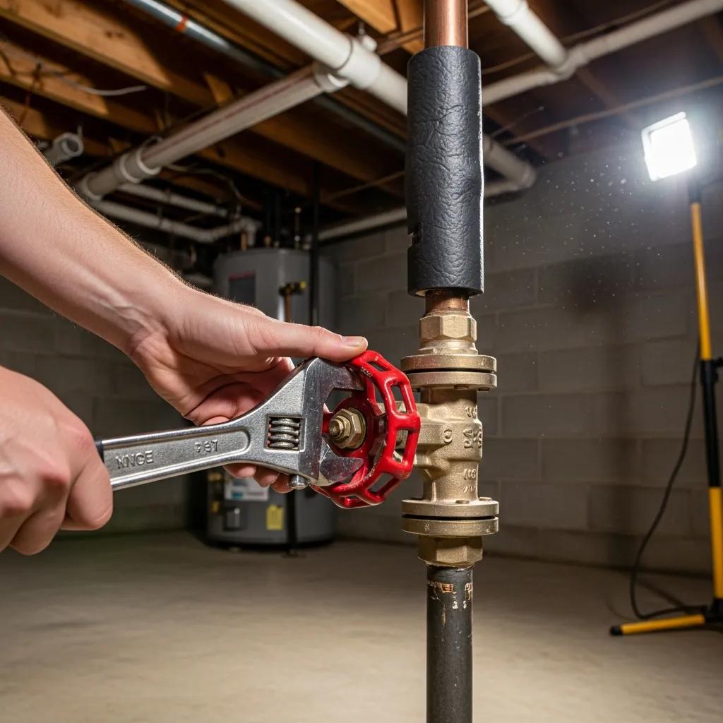 Shutting off the main water valve in a basement with an adjustable wrench