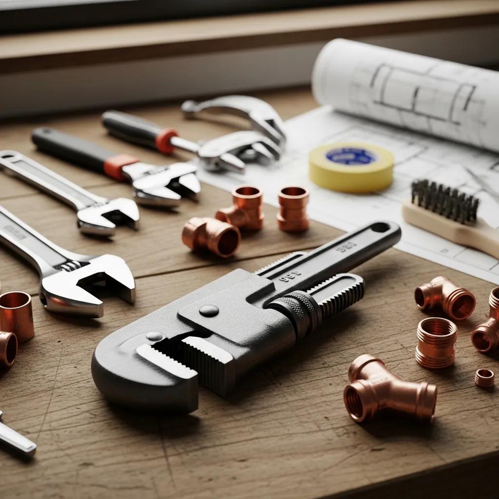 Pipe wrench and plumbing tools on a workbench, showcasing essential tools for plumbing tasks