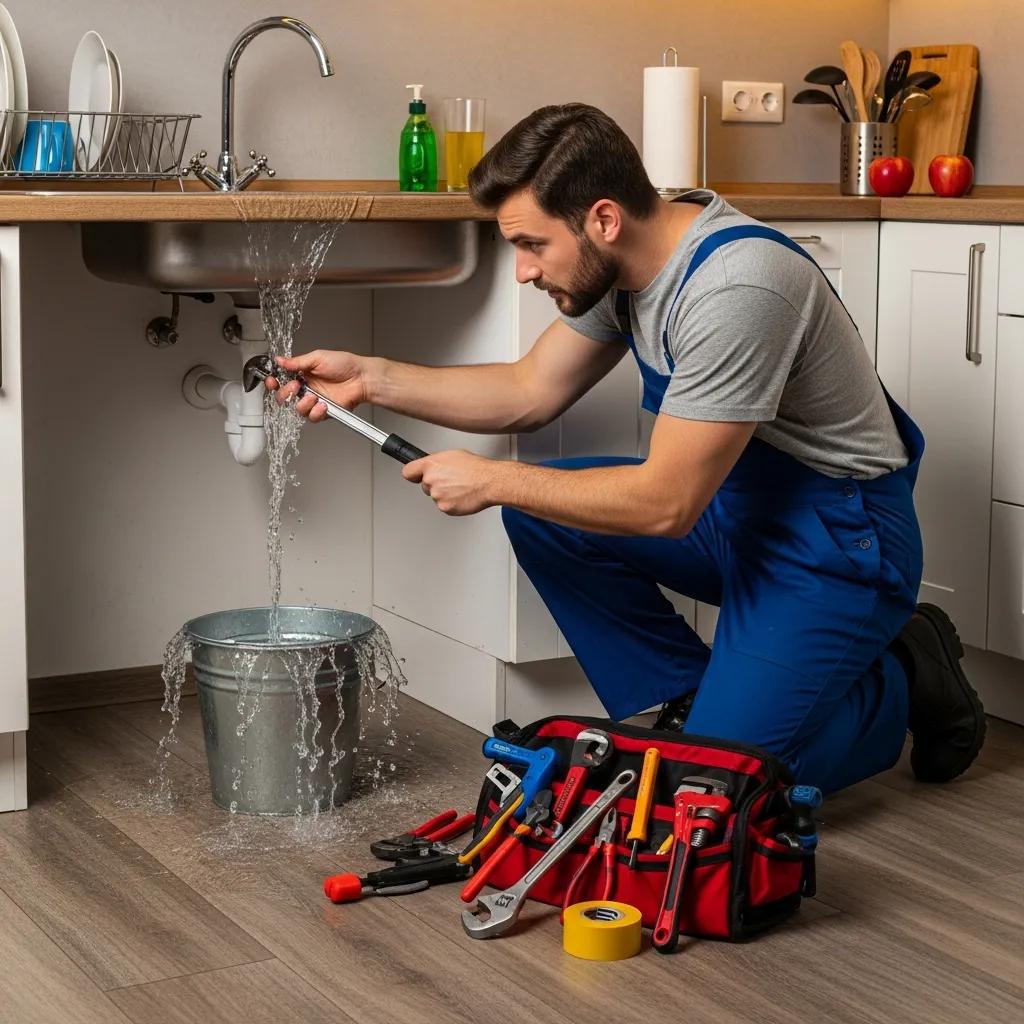 Plumber addressing a plumbing emergency under a kitchen sink, managing water leak with tools and a bucket for containment.