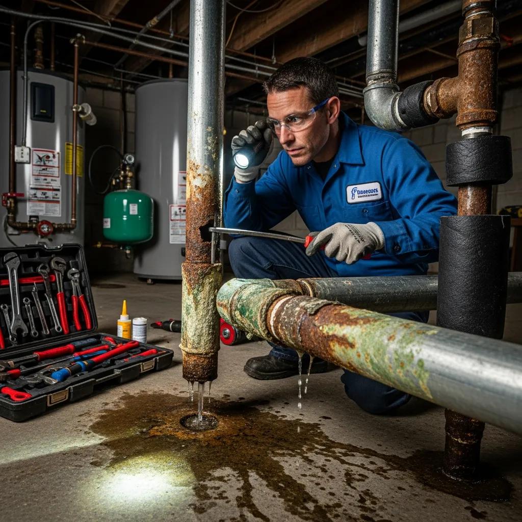 Plumber examining corroded pipe to show how water chemistry damages plumbing