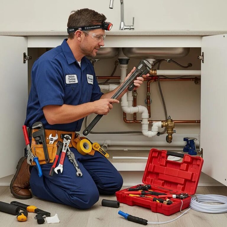 Plumber inspecting pipes with tools in a residential setting, emphasizing plumbing warranty themes