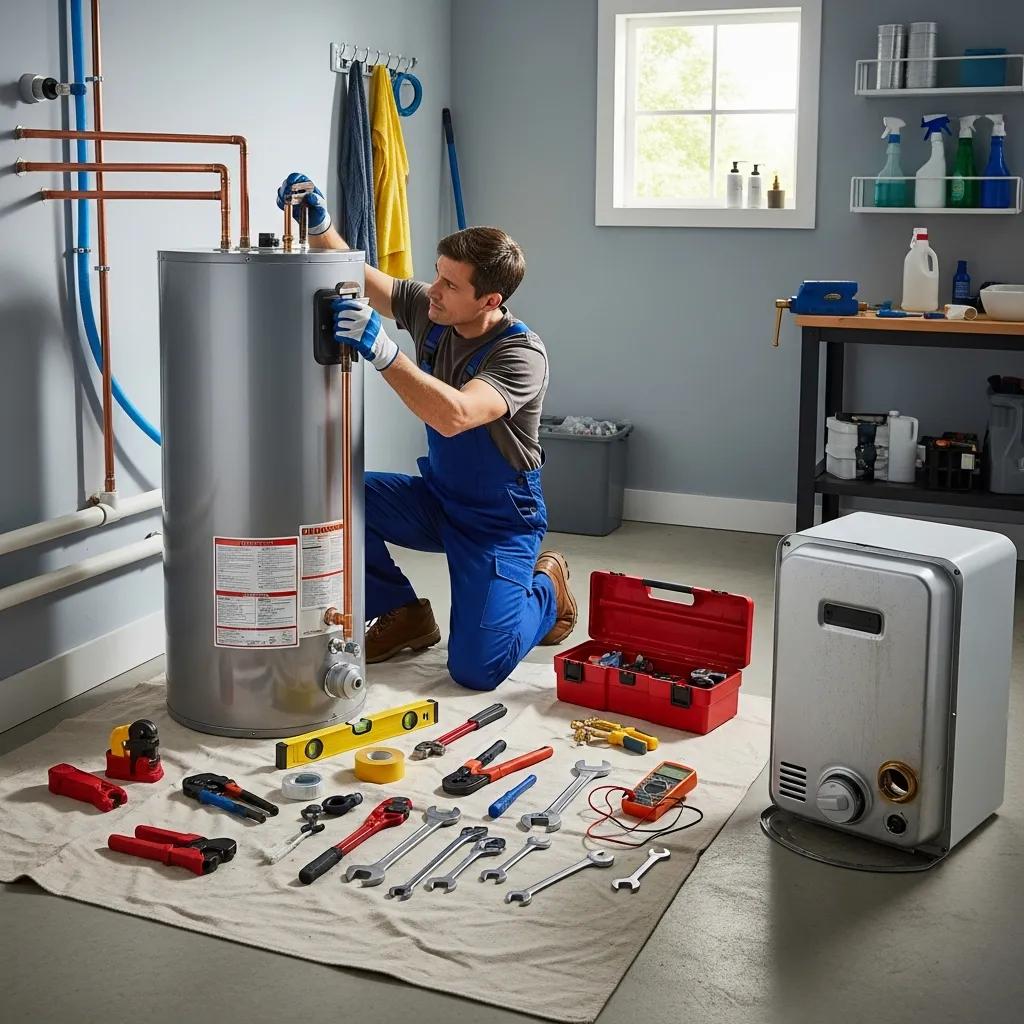Plumber installing a new water heater in a residential utility room, surrounded by tools and equipment, emphasizing proper installation techniques.