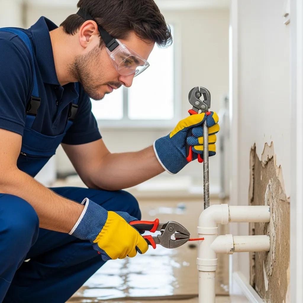 Plumber repairing a burst pipe in a flooded home, showcasing emergency plumbing services
