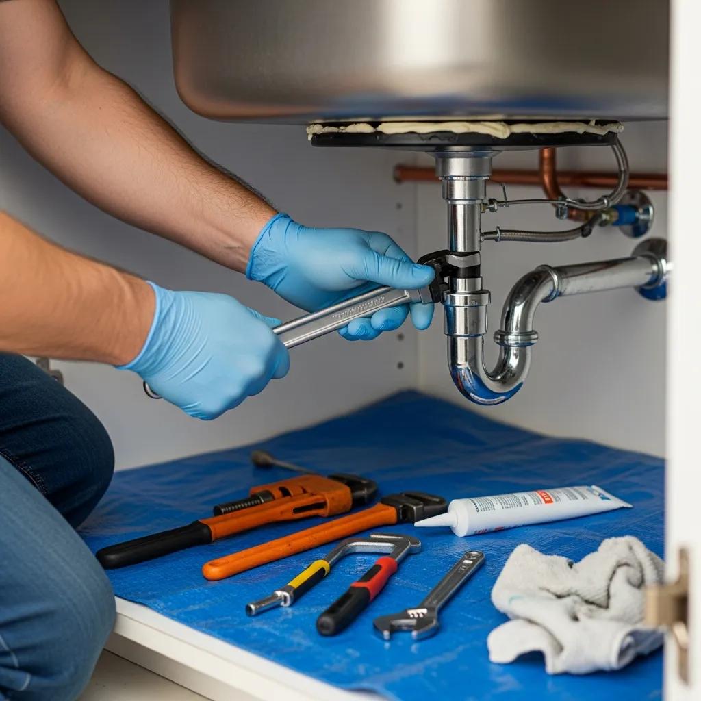 Plumber repairing a leaking garbage disposal under a kitchen sink, using tools like a wrench, with a blue protective mat and various plumbing tools visible.