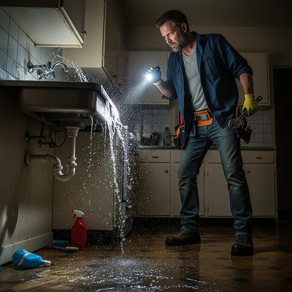 Plumber responding to a nighttime plumbing emergency — readiness and quick action