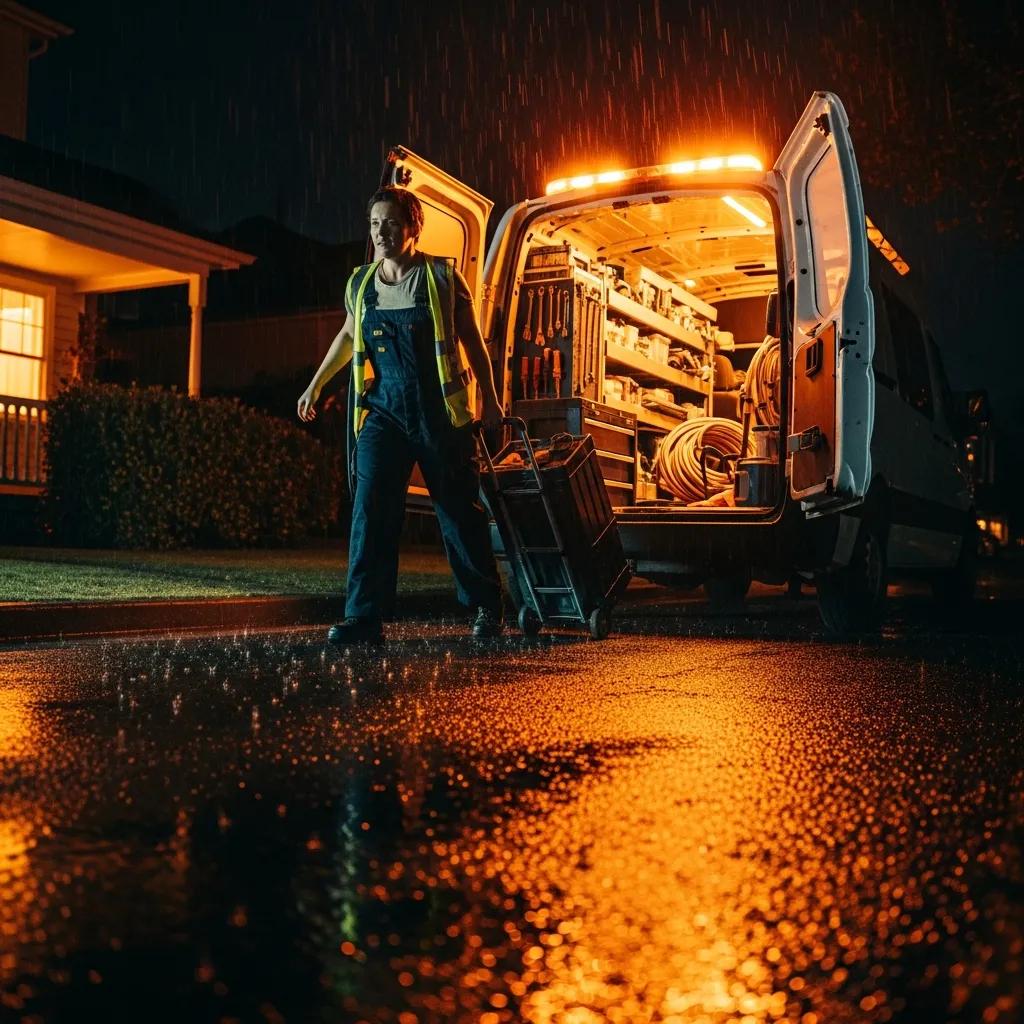 Plumber responding to an emergency call at night, showcasing urgency and professionalism, with tools and equipment visible in the van, rain-soaked street reflecting lights.