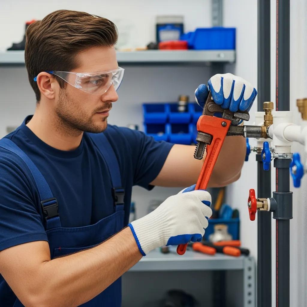 Plumber using a pipe wrench with proper technique and safety precautions in a plumbing environment.