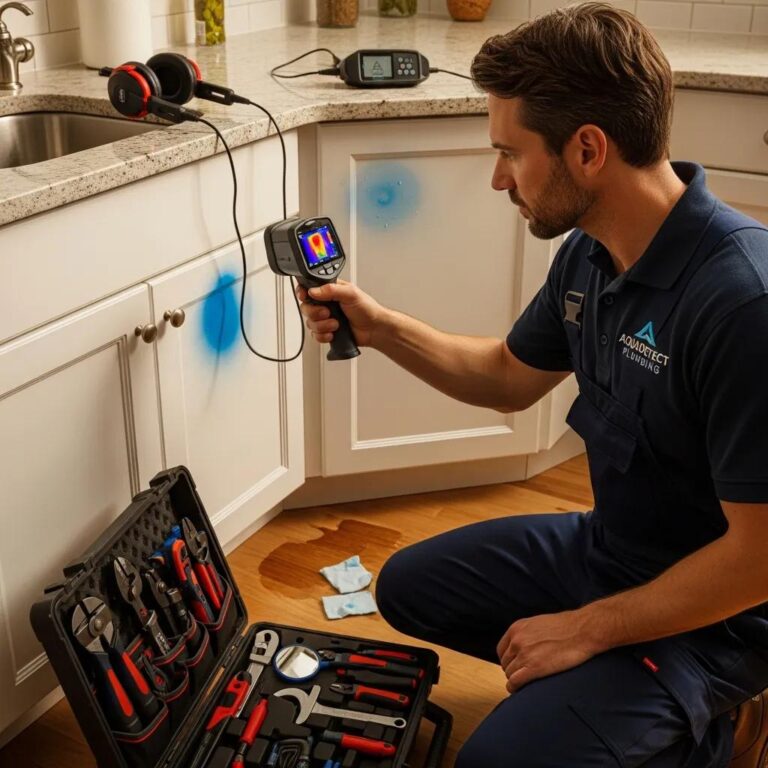 Plumber using advanced leak detection technology in a residential setting