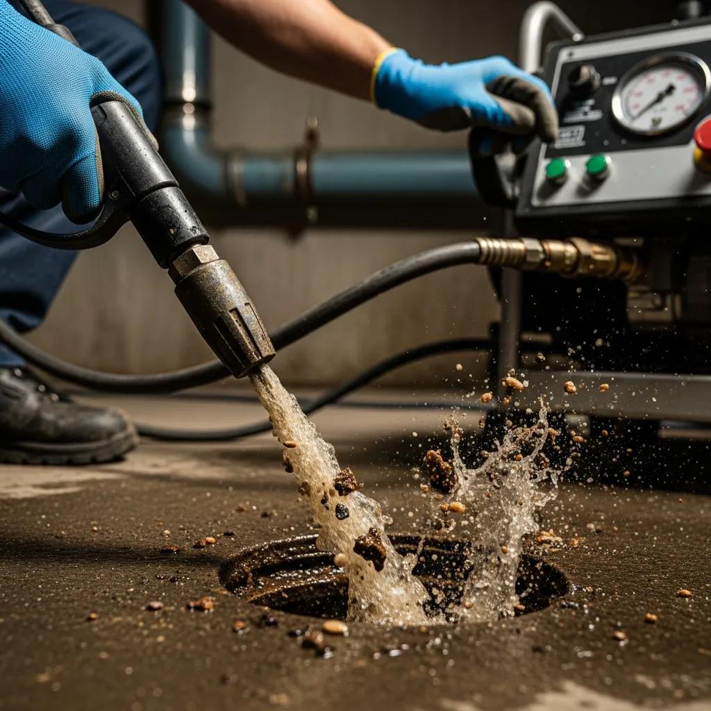 Plumber using hydro jetting machine for professional drain cleaning, removing debris and blockages from a drain.