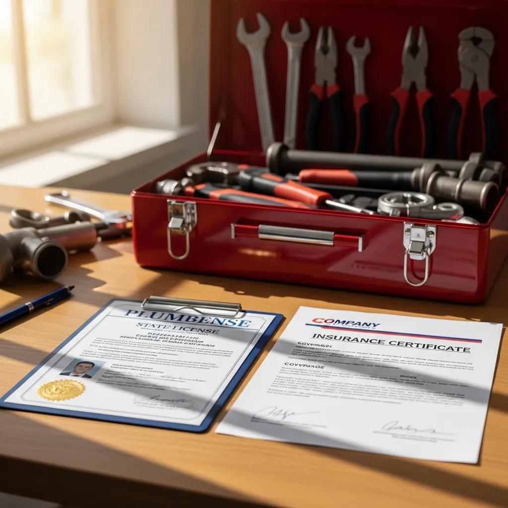 A plumber's license and insurance certificate laid out beside tools, highlighting professional credentials