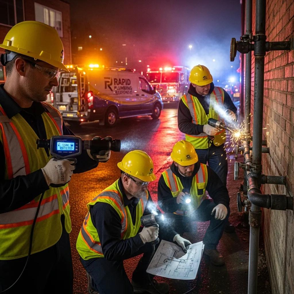 Plumbing team responding to a nighttime gas leak — urgent, professional response