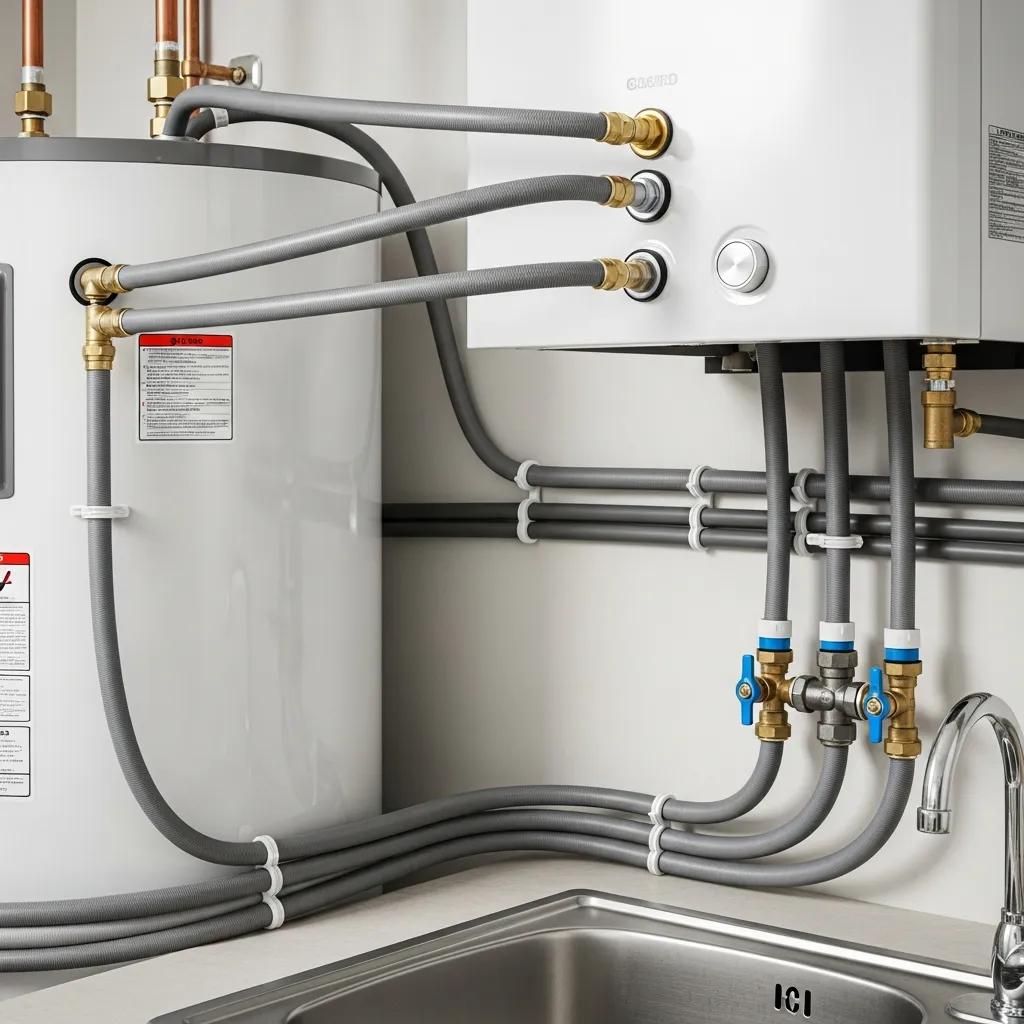 Polybutylene pipes in a home plumbing system, highlighting flexible gray tubing and connections