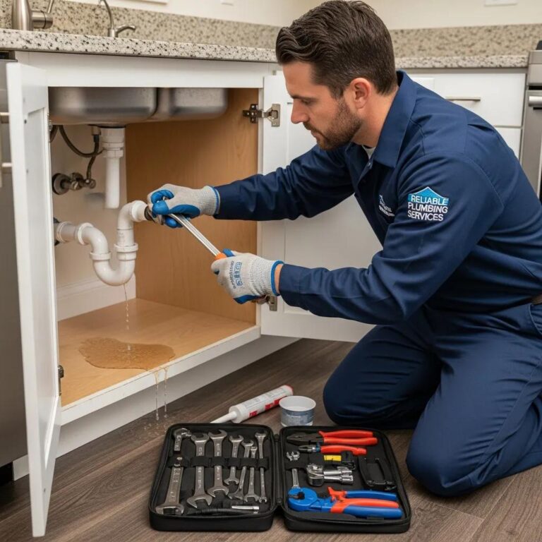 Professional plumber addressing an emergency plumbing issue in a home, showcasing reliability and expertise