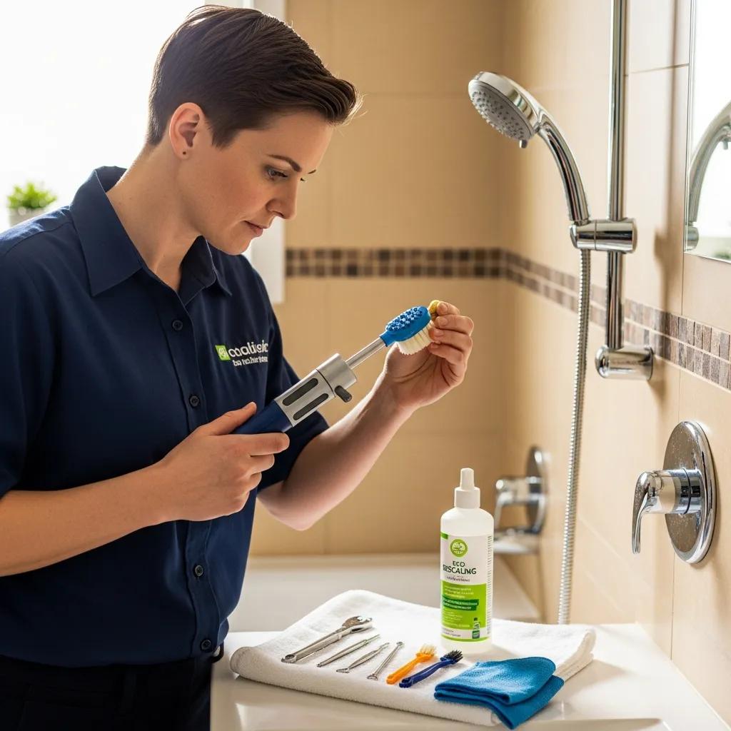 Licensed plumber performing a showerhead cleaning with professional tools in a home