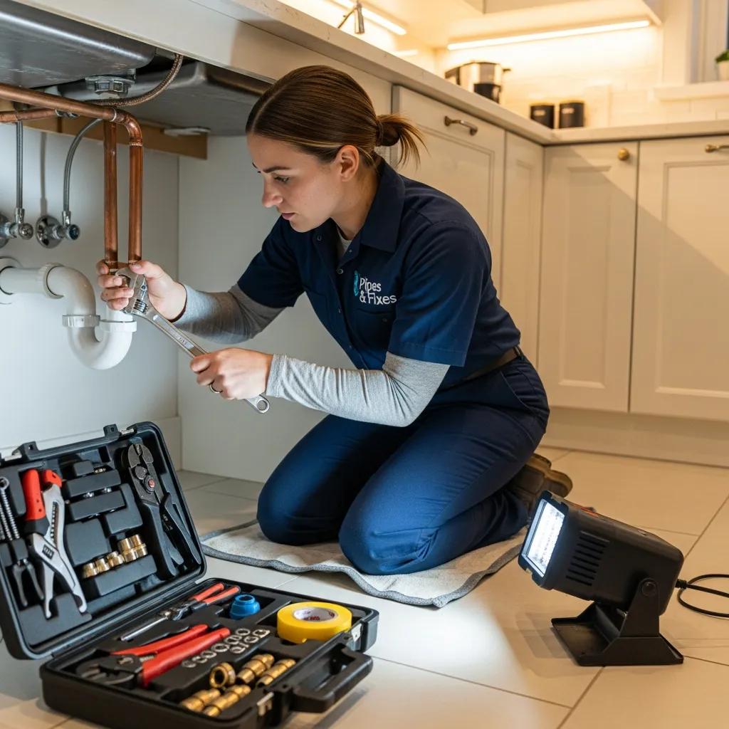 Professional plumber fixing a pipe in a residential setting, emphasizing reliability and expertise