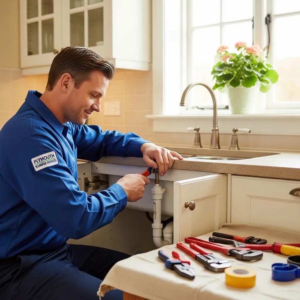 Professional plumber fixing a sink in a cozy Plymouth home, showcasing trust and reliability