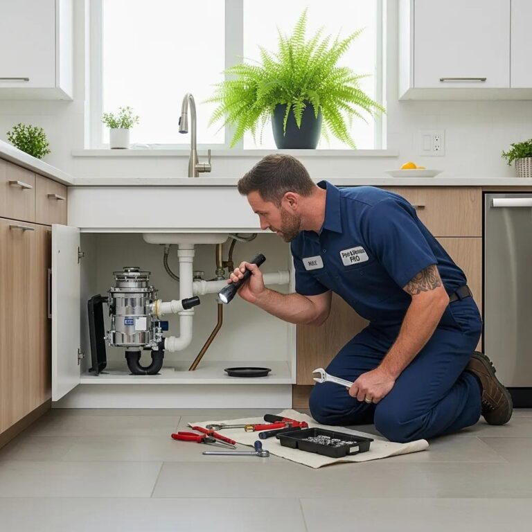 Professional plumber inspecting a garbage disposal unit in a modern kitchen
