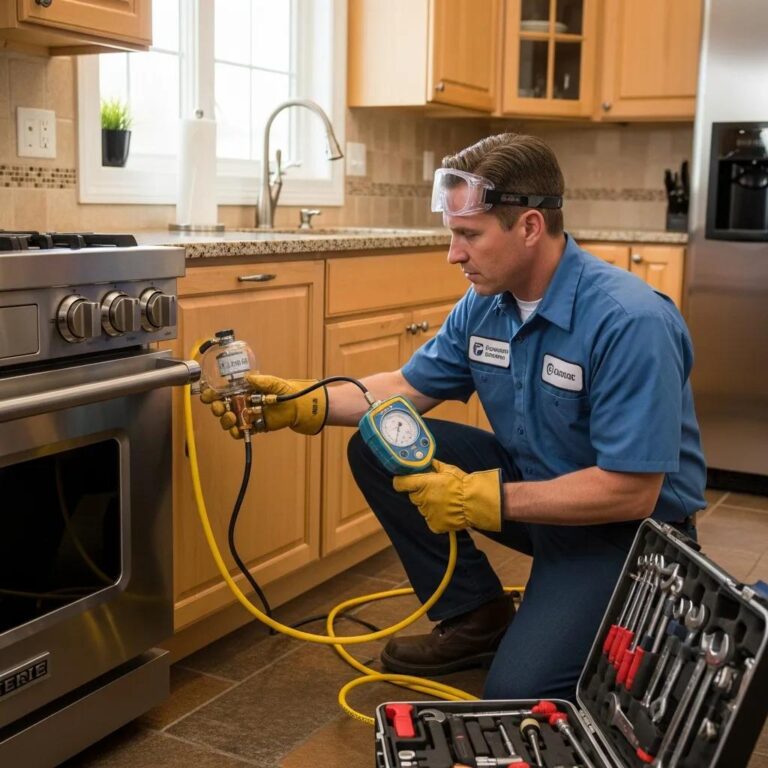 Professional plumber inspecting a gas line in a residential kitchen, showcasing safety and expertise