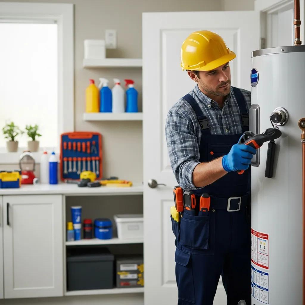 Professional plumber inspecting a water heater in a clean utility room