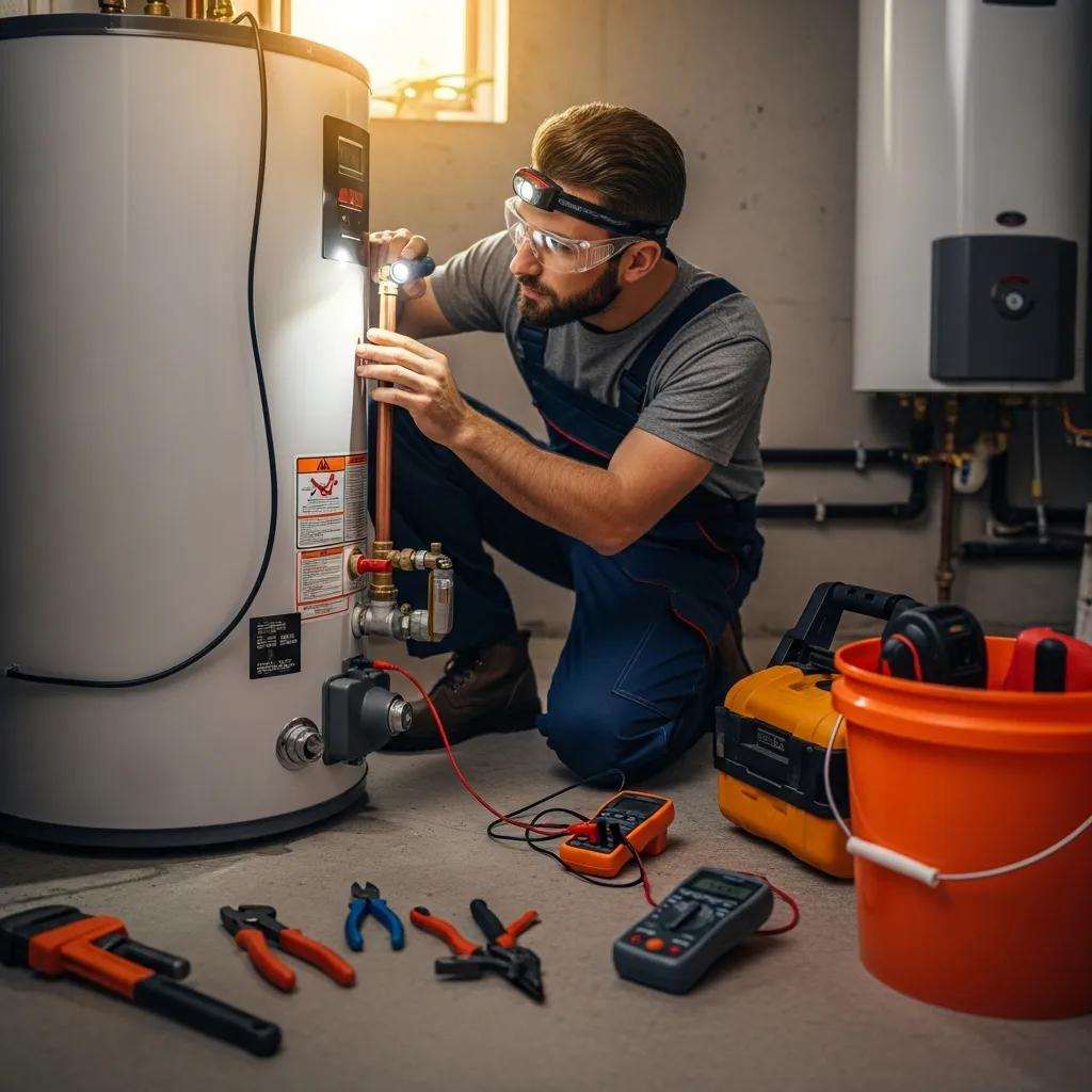 Professional plumber inspecting a water heater in a residential home, emphasizing comfort and safety