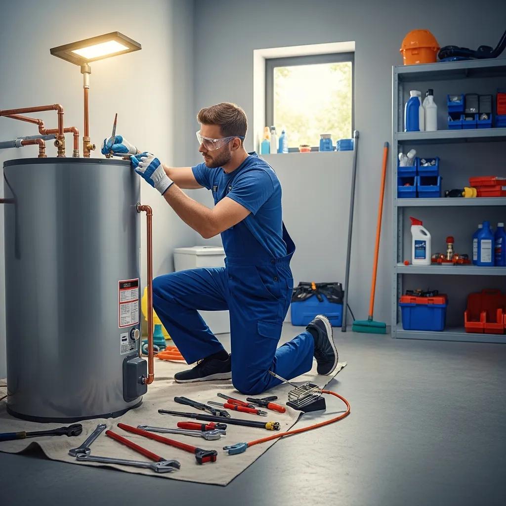 Professional plumber installing a hot water heater in a residential utility room
