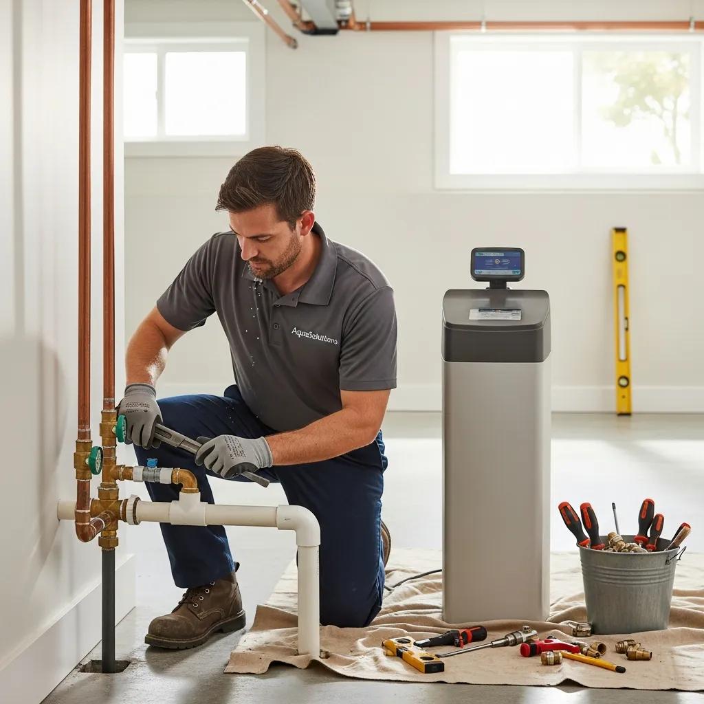 Professional plumber installing a water softener system in a modern home