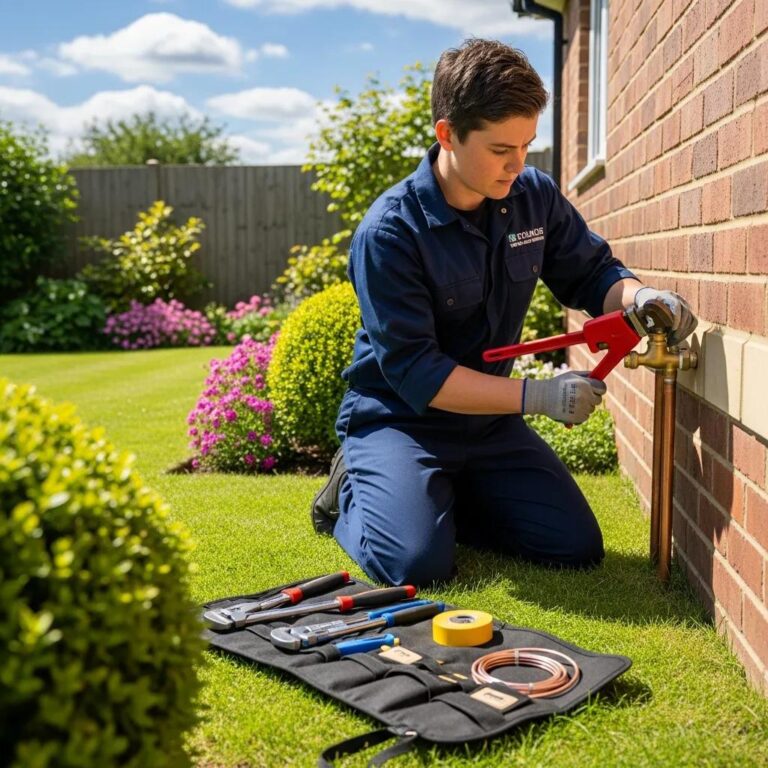 Professional plumber installing an outdoor faucet in a residential garden, highlighting outdoor plumbing services