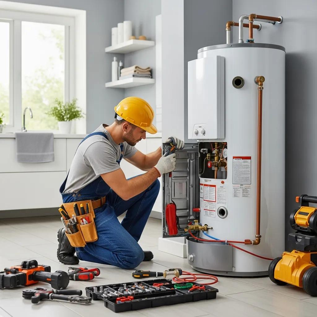 Professional plumber repairing a water heater in a residential utility room