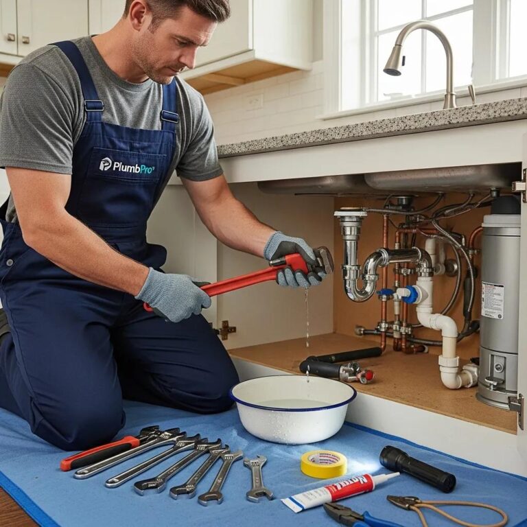 Professional plumber repairing residential plumbing in a clean kitchen setting