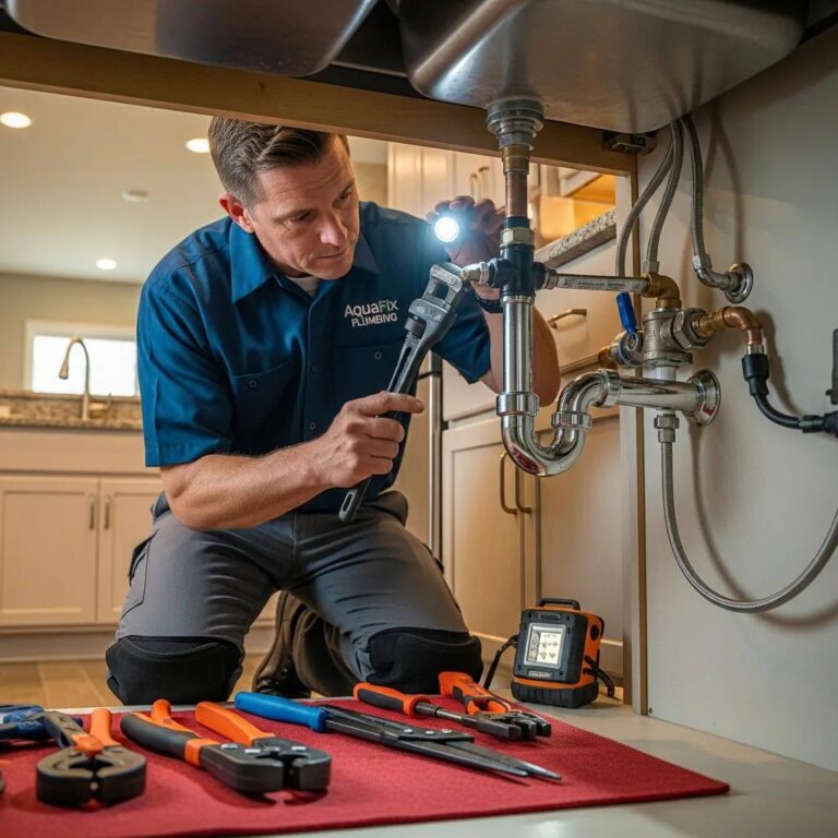 Professional plumber working on residential plumbing system in a home