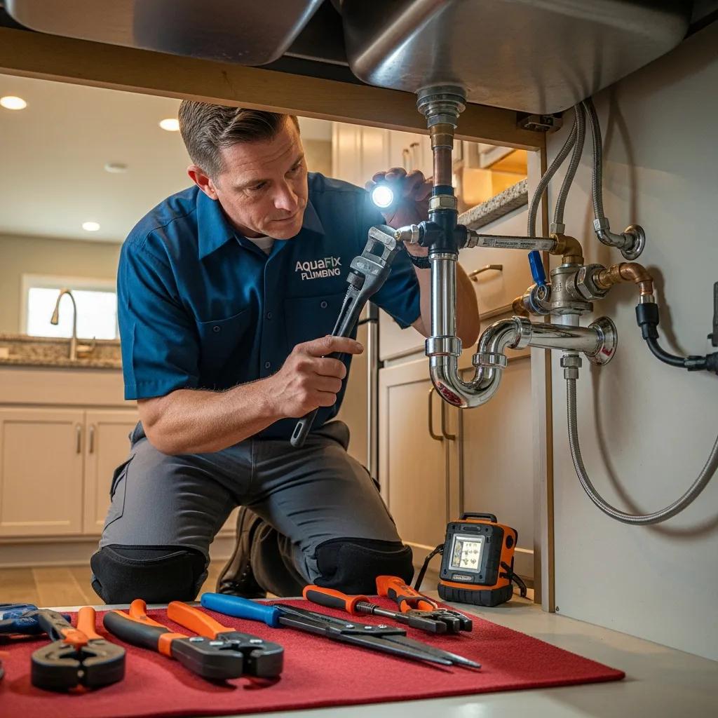 Professional plumber working on residential plumbing system in a home