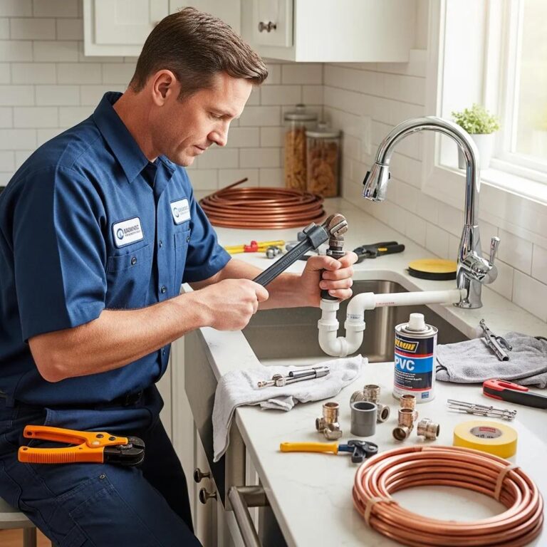 Professional plumber working on residential plumbing system with tools in a clean kitchen