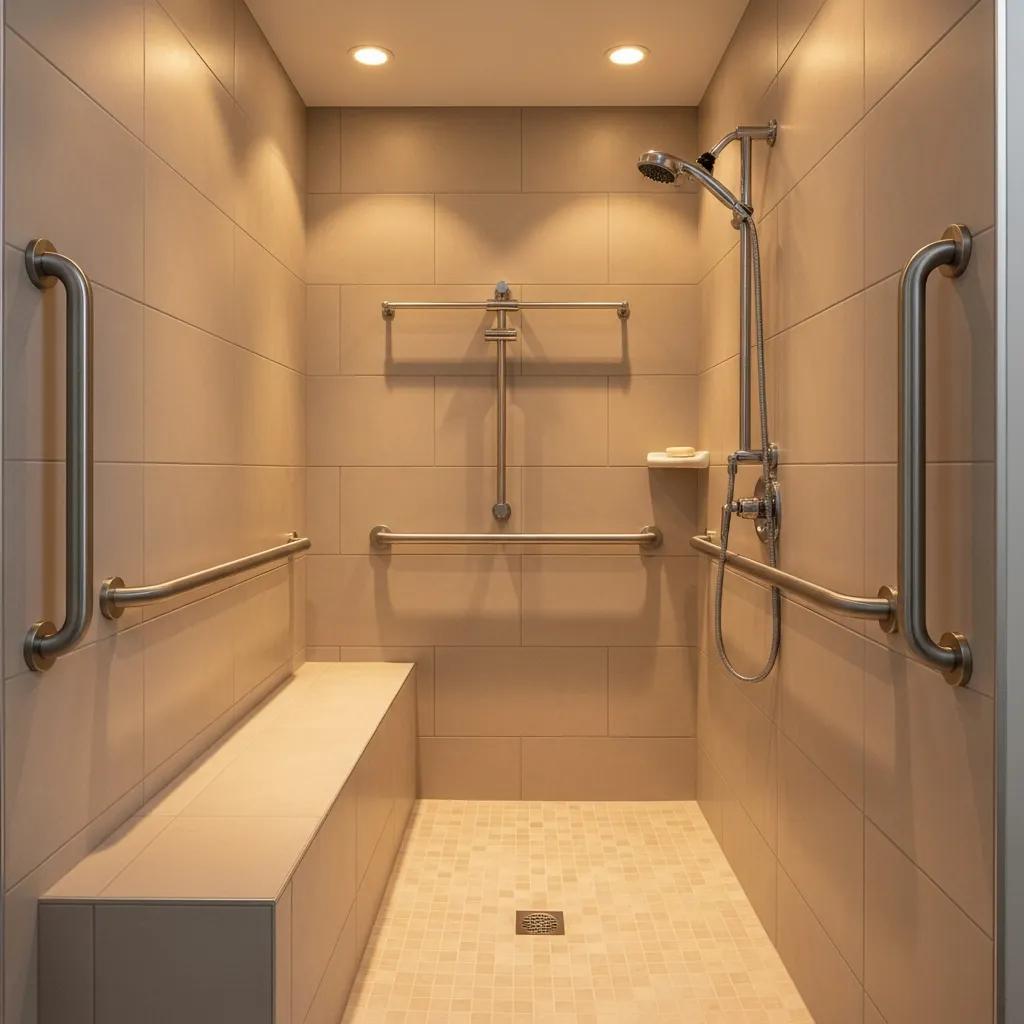 Accessible walk-in shower with grab bars and built-in bench