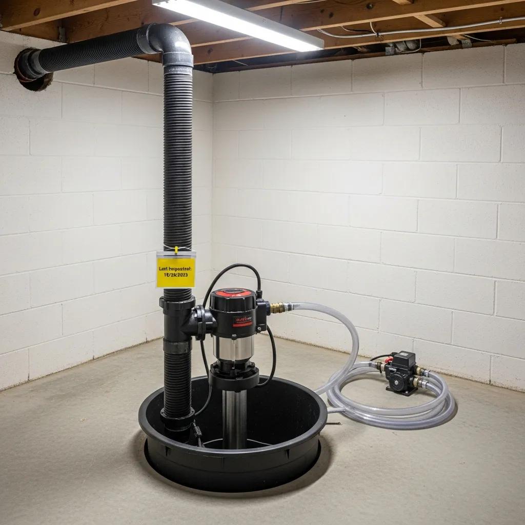 Sump pump system in a basement, highlighting its role in flood prevention