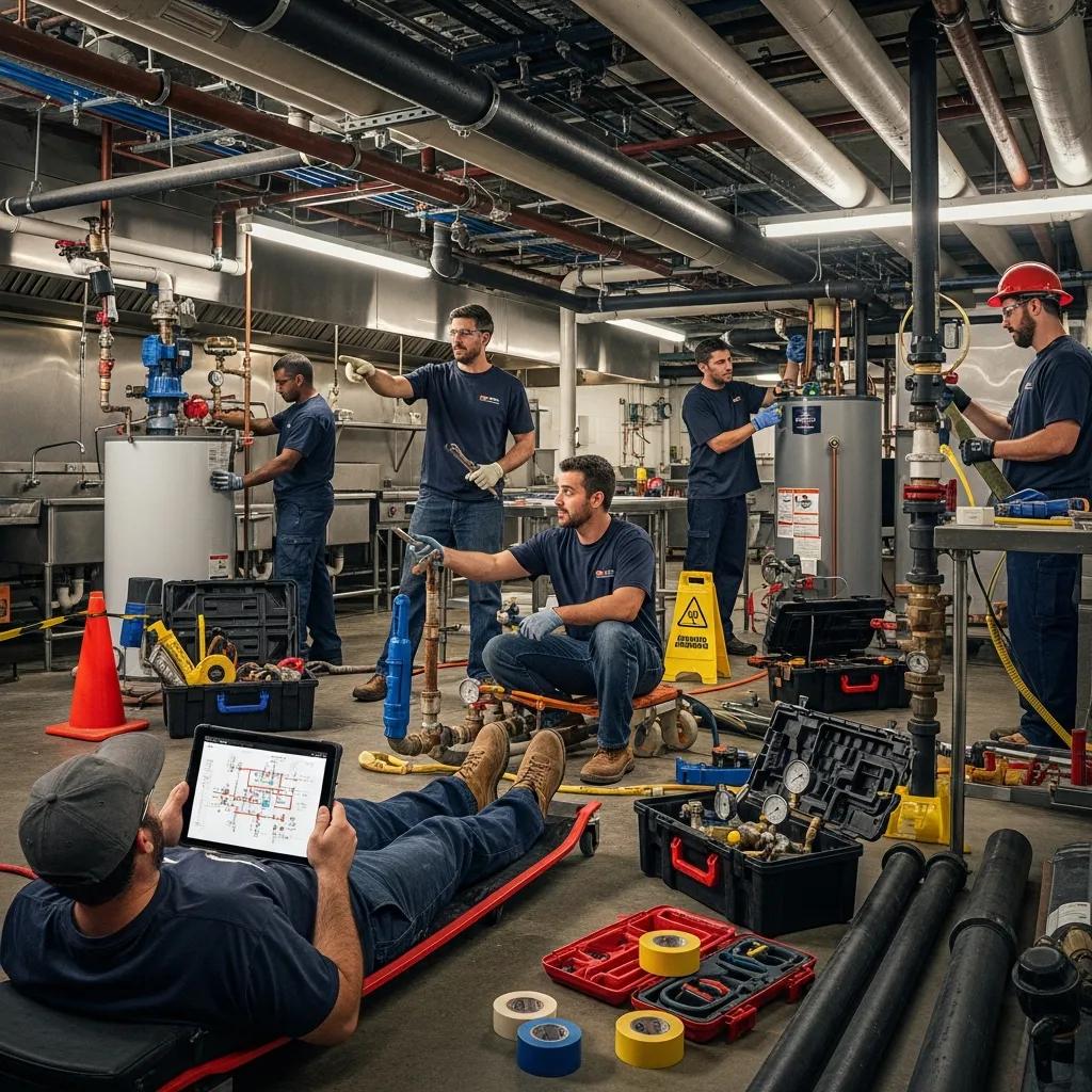 Team of plumbers collaborating in a commercial setting, working on advanced plumbing solutions, with tools and equipment visible, emphasizing professional plumbing services and teamwork.