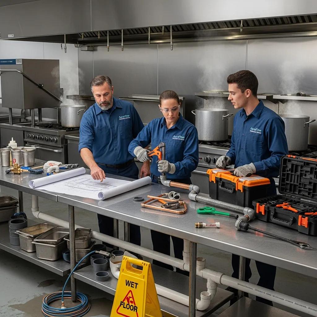 Commercial plumbers repairing kitchen plumbing in a restaurant